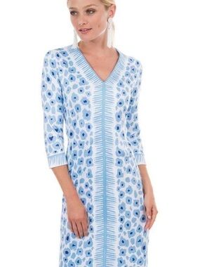 Gretchen Scott Wildcat Jersey Border Town  Blue Floral V-Neck Knit Dress